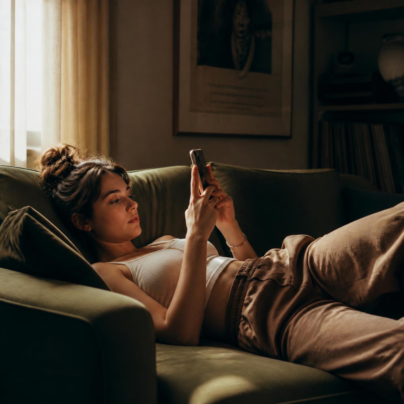 Woman relaxing on a couch scrolling short-form content